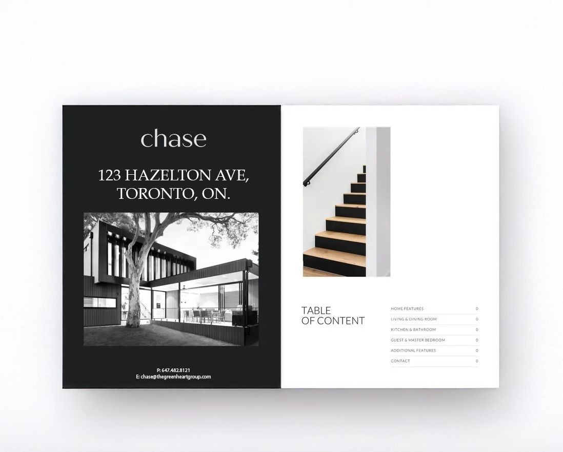 Brochure cover for 123 Hazelton Ave, Toronto with a modern home image and staircase.